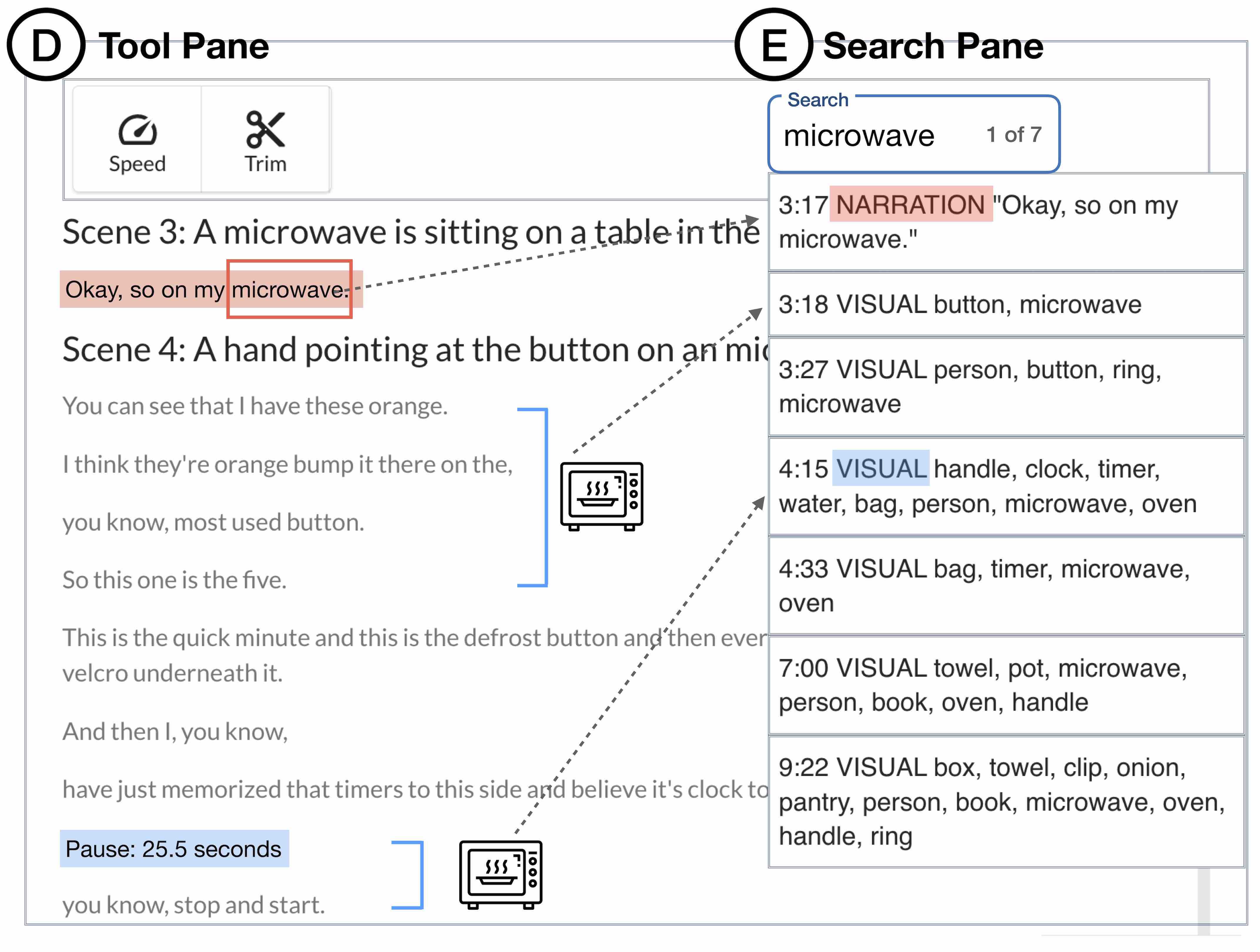 The tool pane and the search pane are presented in the figure. The user is searching for the keyword ``microwave'' and seven search results are listed, where one of the results is narration search and the other seven results are visual search.