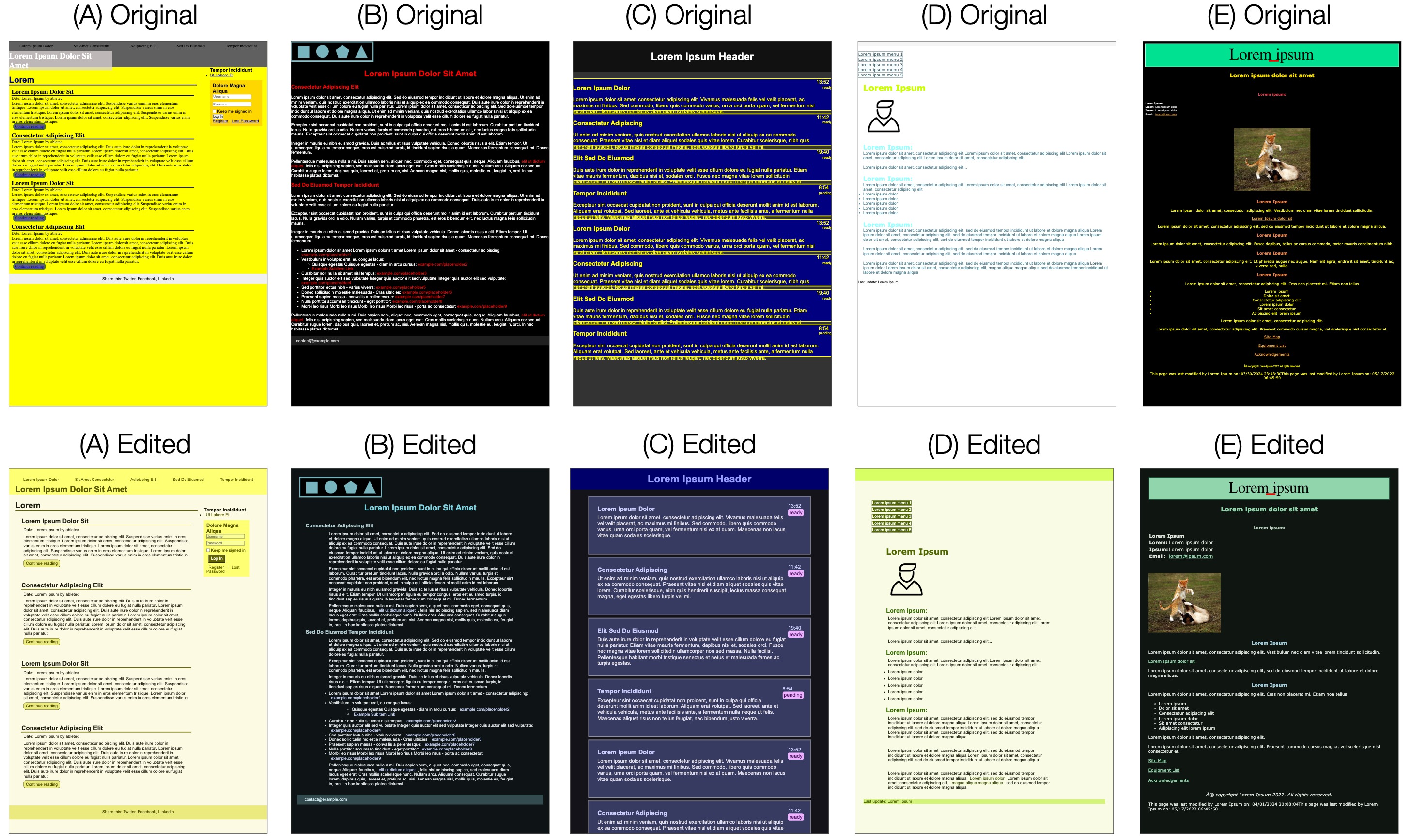 This figure shows before and after the design of 5 websites of BLV developer edited with DesignChecker (A-E). Website A and D is light mode (bright background, dark text) and B, C, E is in dark mode (dark background with lighter text). The after version edited with DesignChecker keeps the original setting (light or dark mode) but improves the color harmony and text legibility in all websites. DesignChecker edits also introduced more whitespace to separate and align UI elements for A, C, and D. While the original B website had a blue logo image and red text on a black background, the retargeted version changed to blue text which better matches the color of the logo.