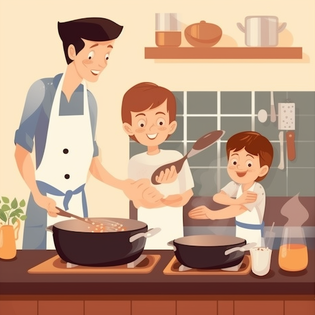 An illustration of a dad cooking with his two children.