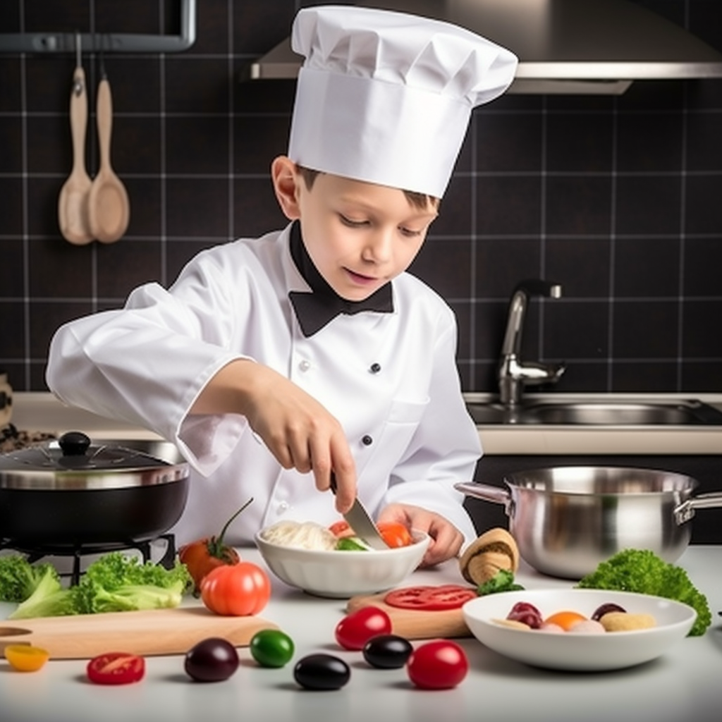 A photo of a young boy cooking alone in the kitchen.