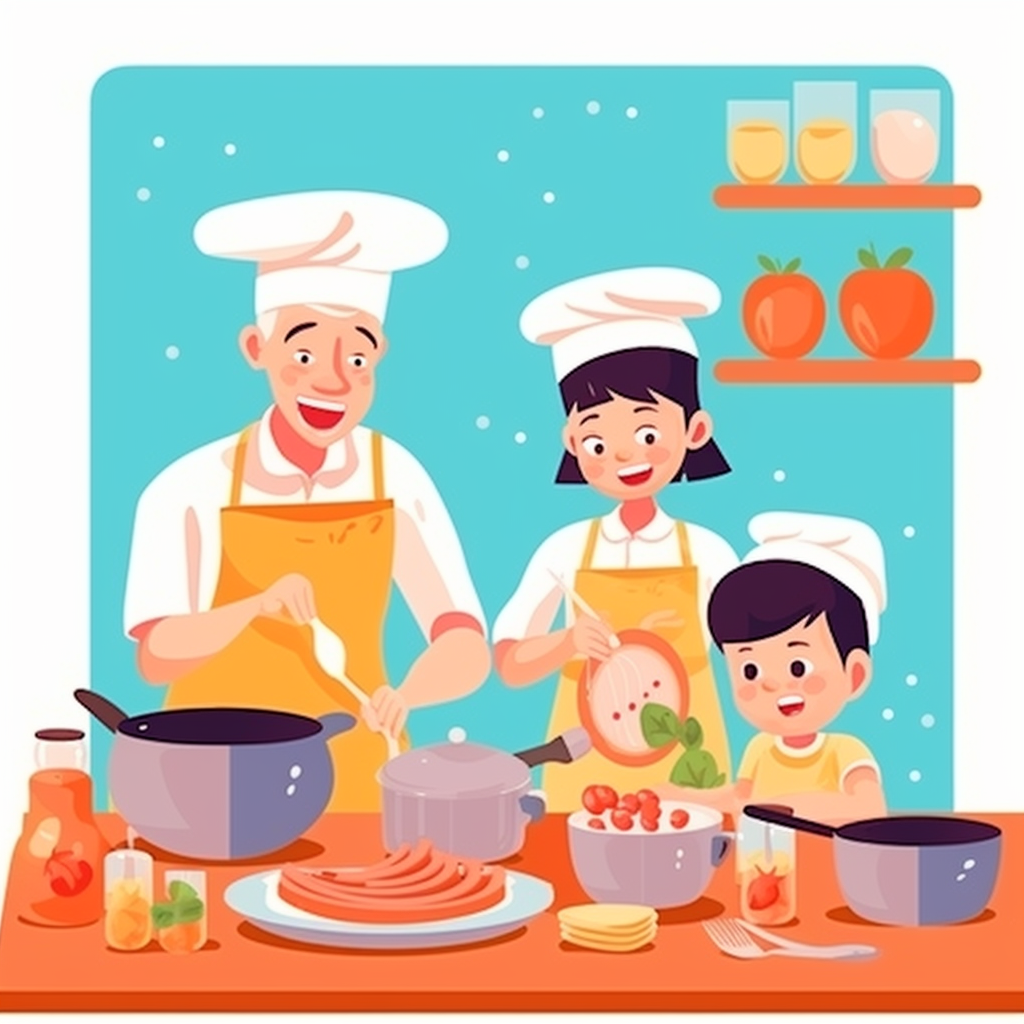 A vector art image that depicts parents and their son cooking.