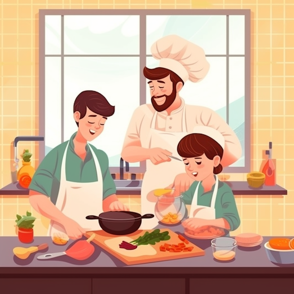 The fourth image is an illustration of parents and their son who is a young man cooking in the kitchen with a wide window.