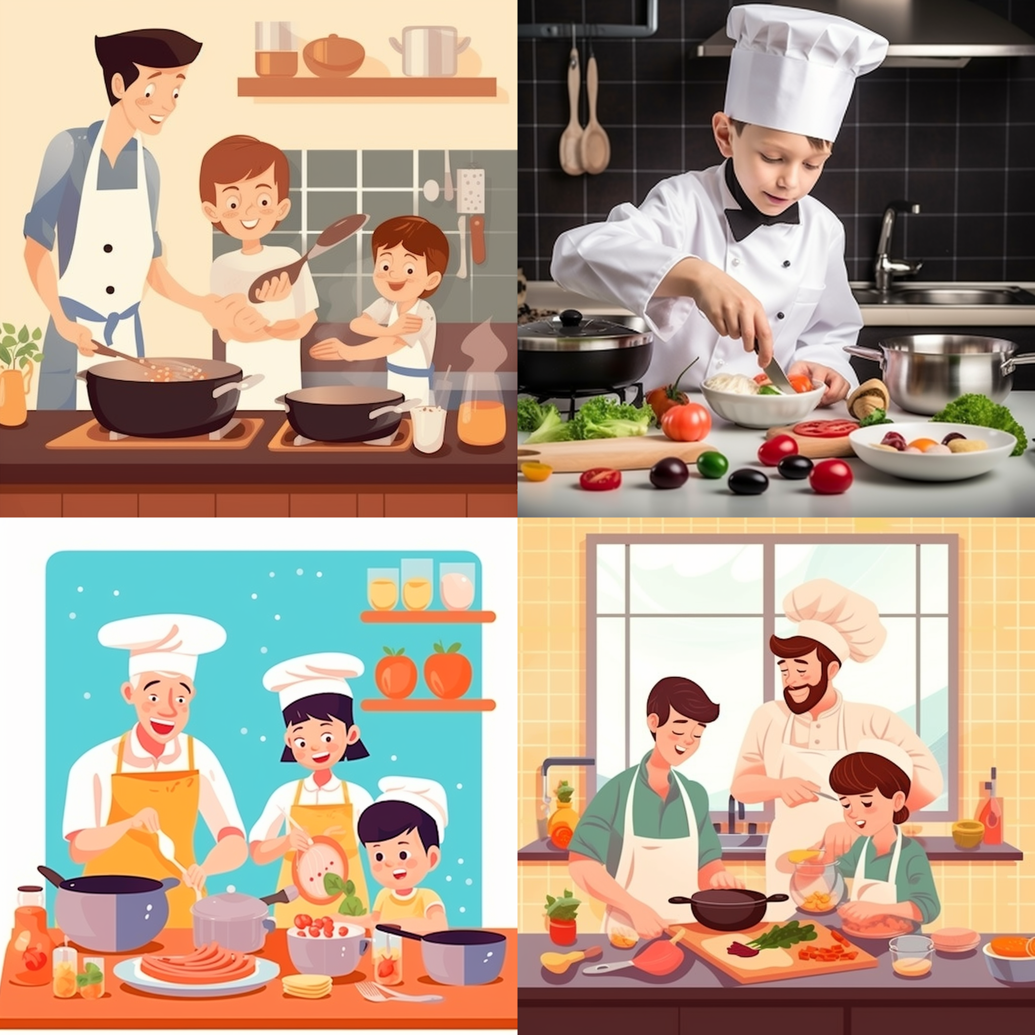 A grid of four images generated using the prompt ``a young chef is cooking dinner for his parents.'' The first image is an illustration of a dad cooking with his two children. The second image is a photo of a young boy cooking alone in the kitchen. The third image is a vector art image that depicts parents and their son cooking. The fourth image is an illustration of parents and their son who is a young man cooking in the kitchen with a wide window.