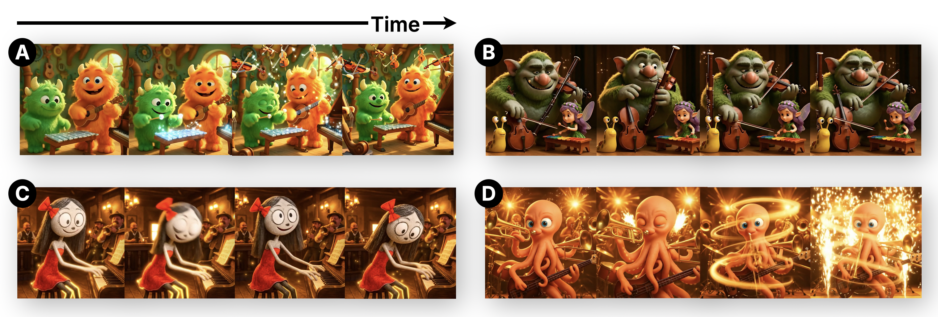 Four animated contextual thumbnail frames sampled at 0.5 FPS, showing how the illustrated character switches instruments (A, B), movements change with tempo (C), and visual effects reflect energy level (D)